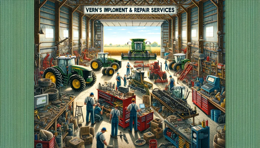 Agricultural Repair shop - A vivid and detailed wide illustration of Vern's Implement & Repair Services, an agricultural repair shop. The scene depicts a bustling workshop with (1)
